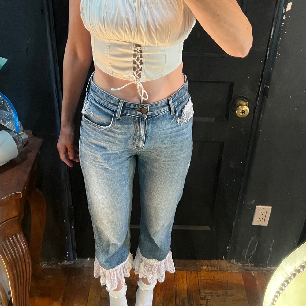 Coquette Lace Ruffle Cropped Designer Denim Jeans, SZ 28 - Picture 2 of 8